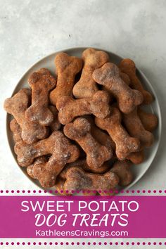 sweet potato dog treats on a plate with the title text overlay reads, sweet potato dog treats