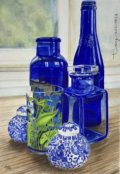 a painting of blue glass bottles and vases on a wooden table next to a window