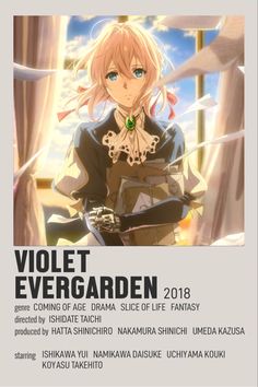 the poster for violet evergardn is shown in front of an image of a woman with