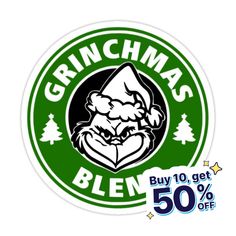 a sticker with the words grinmas's been 50 % off