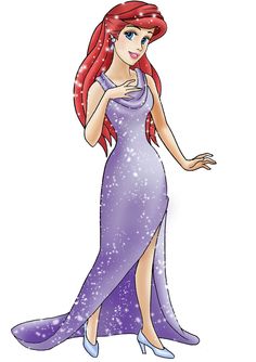 ariel from the little mermaid with red hair and purple dress, standing in front of white background