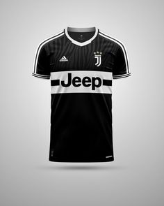 a black jersey with white stripes and the word jeep on it, in front of a gray background