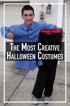 a man in blue shirt and black pants standing next to a white frame with the words the most creative halloween costumes