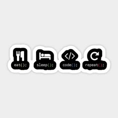 four stickers that say eat sleep repeat code c and have different symbols on them