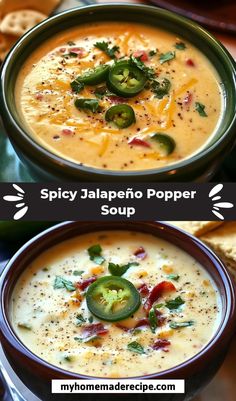 two pictures showing different types of soups in the same bowl, one with jalapeno peppers and the other with cheese