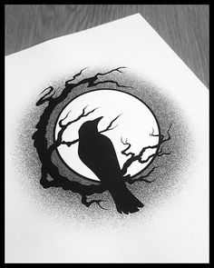 a black and white drawing of a bird sitting on a tree branch with the moon in the background