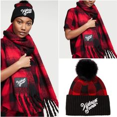 **Limited Edition & Completely Sold Out At V.S.** New W/Tags! Victoria's Secret Cozy Pom Beanie & Scarf Set Red And Black Buffalo Plaid Scarf Show Your Love For The Brand With This Cozy, Winter-Ready Accessory. One Size Print With Victoria's Secret Logo Fringe At The Bottom Imported 100% Polyester Victoria's Secret Cozy Heart Scarf Beanie Step Into Chilly Weather With This Plaid, Winter-Ready Hat For The Perfect Mix Of Fashion And Function. One Size Fits Most Logo Patch Knit Trim Imported Pink Blanket Scarf, Victoria's Secret Logo, Heart Scarf, Buffalo Plaid Scarf, Cheetah Print Scarf, Beanie Scarf, Red Plaid Scarf, Color Block Scarf, Chunky Knit Scarves