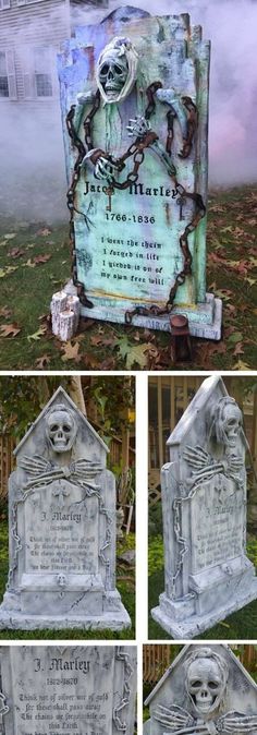 the cemetery is decorated with skulls and bones