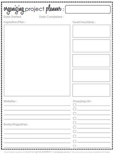 a printable project planner with the title's page headings on top and bottom