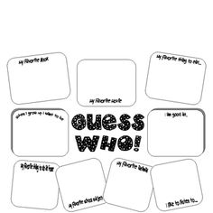 the words guess who are written in black and white on paper with squares around them