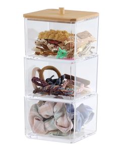 three tier acrylic storage bins with wooden lid and handles for small items