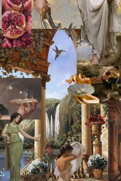 a collage of pictures with women and birds