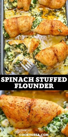 spinach stuffed chicken in a casserole dish