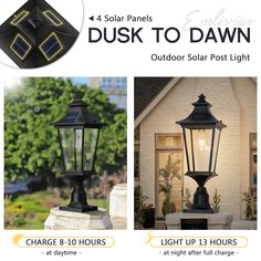 solar powered outdoor post light in black and white with text that reads, dusk to dawn