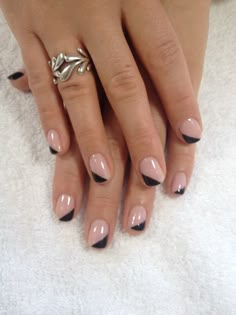 Neutral with black accent Neutral Black Nails, Nails Formal Events Black Tie, Wedding Nails With Black Accent, Natural Nails With Black Tips, Black Wedding Nails Short, Neutral Nails With Black Accent, Neutral Nails With Black Design, Natural Nails Black Tips, Nails With Black Accent