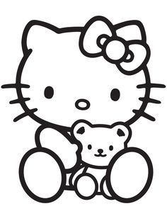 a hello kitty sitting next to a teddy bear with a red bow on its head