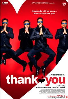 the poster for thank you shows three men in suits with sunglasses on their heads and hands together