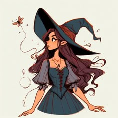 a drawing of a woman in a witch costume with long hair and a hat on her head