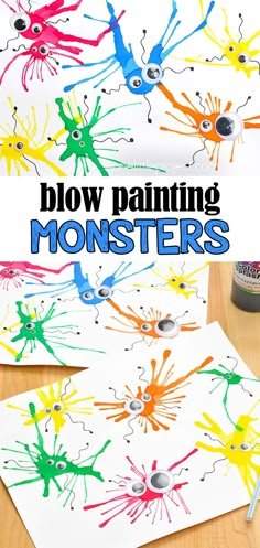 Monster Blow Painting with Straws | Blow Paint Monsters Craft Blow Paint Monsters, Monster Blow Painting, Fun Art For Preschoolers, Crafts 3 Year, Messy Preschool Activities, Art Sensory Activities, Holiday Club Activities For Kids, What A Mess Vbs Crafts, Crafts For Kids Age 8-12