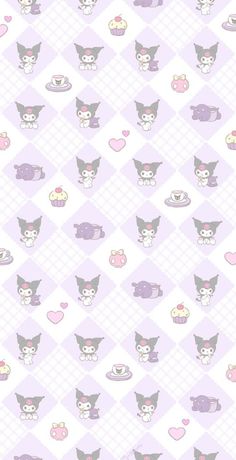 a pattern with cats and doughnuts on the checkered tablecloth, in pastel colors