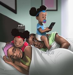 three children are playing on their phones while lying in bed with the mother watching them