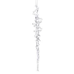 an ice sculpture hanging from a chain on a white background with water drops falling off it