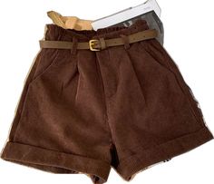 Brown High-waisted Shorts With Belt Loops, High Waist Brown Shorts For Fall, Brown High Waist Shorts With Belt Loops, High Waist Brown Shorts With Belt Loops, Brown High-waisted Corduroy Shorts, Trendy Brown Workwear Shorts, Brown High Waist Corduroy Shorts, Brown Shorts With Pockets For Fall, Trendy Brown Corduroy Bottoms