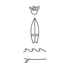 a black and white drawing of a surfboard in the water with a hand above it