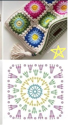 crocheted purses are shown in three different pictures