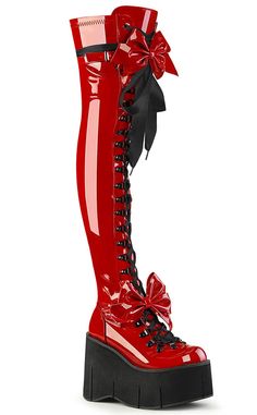 KERA-303 Red Patent Thigh High Platform Boots-Demonia-Tragic Beautiful Thigh High Platform Boots, Harajuku Street Style, Demonia Boots, Demonia Shoes, Attitude Clothing, Elegant Moments, Thigh Boot, Estilo Punk, Thigh High Boots