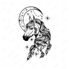 a drawing of a horse with long hair and stars on it's head, next to the moon