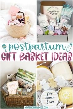 a collage of pictures with the words postpartum gift basket ideas