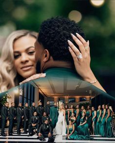 a man and woman embracing each other in front of a group of people wearing green dresses