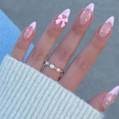 White And Pastel Pink Nails, Girly Nails With Charms, Pink Sparkle Nails Design, Almond Shape French Tip Design, Coquette Nails Ideas, Cute B Day Nails, Acrylic Bow Nails, Beaded Nails Designs, Light Pink And Black Nails Design