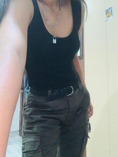 Tank Top Cargo Pants Outfit, Black Tank Top And Cargo Pants, Army Shirt Outfit Women, Cargo Pants And Tank Top Outfit, Akira Outfits, Cargo Pants And Tank Top, Army Shirt Outfit, Cargo Pants Tank Top, Tight Cargo Pants