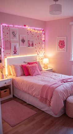 a bedroom decorated in pink and white with pictures on the wall above the bed, along with lights