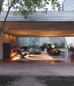 an open living room and dining area with wood floors, large windows, and modern furniture