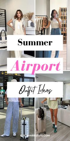 four different pictures with the words summer airport outfit ideas on them and photos of people in their home