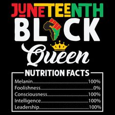 the label for juneteeethh black queen nutrition fact on a black background with white lettering