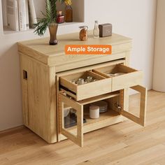 a wooden cabinet with an orange sign that says ample storage on the front and bottom