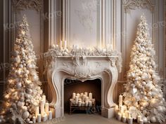 a fireplace decorated with candles and christmas trees