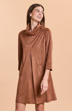 Model wearing Tyler Böe Kim Cowl Faux Suede Dress in Saddle Barbour Women, Faux Suede Dress, Barbour Mens, Faux Suede Fabric, Suede Dress, Fall Essentials, Capri Blue, Suede Fabric, Chic Dress