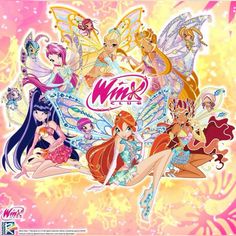 the winx anime characters are all dressed up in different outfits and hair colors, with one