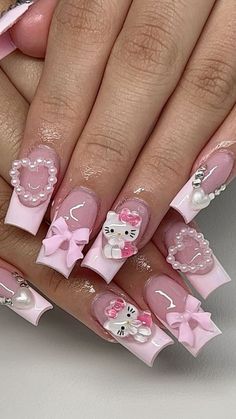 Back To School Nails Aesthetic, Pretty Nails Hello Kitty, Kawaii Y2k Nails, Hello Kitty Nail Inspo Acrylic, Hello Kitty Nails Ideas, Nails Ideas Hello Kitty, Nails Inspo Hello Kitty, Hello Kitty Acrylic Nail Designs, Cute Sanrio Nails