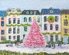 a painting of a pink christmas tree in front of some buildings with snow falling on the ground