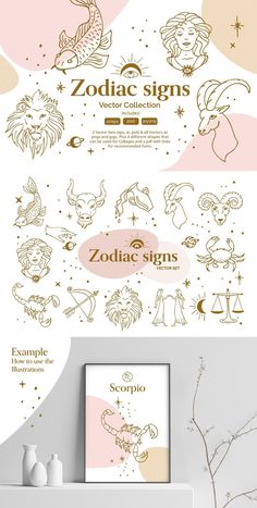 the zodiac signs and their meanings are shown in this graphic art style, which includes gold foil