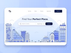 the landing page for find your perfect place, which is designed to look like a cityscape