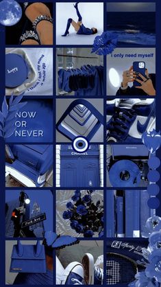 a collage of blue and white items