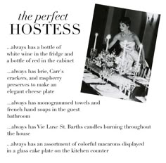 an advertisement for the perfect hostess featuring a woman sitting at a table with candles in front of her