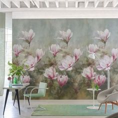 Large floral mural in pink Floral Wallpaper Pink, Large Floral Wallpaper, Impressive Wallpaper, Tree Wallpaper Mural, Floral Mural, Floral Wall Mural, Large Scale Floral, Cushion Headboard, Contemporary Room